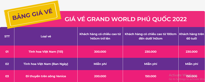 giá vé Grand World Phú Quốc